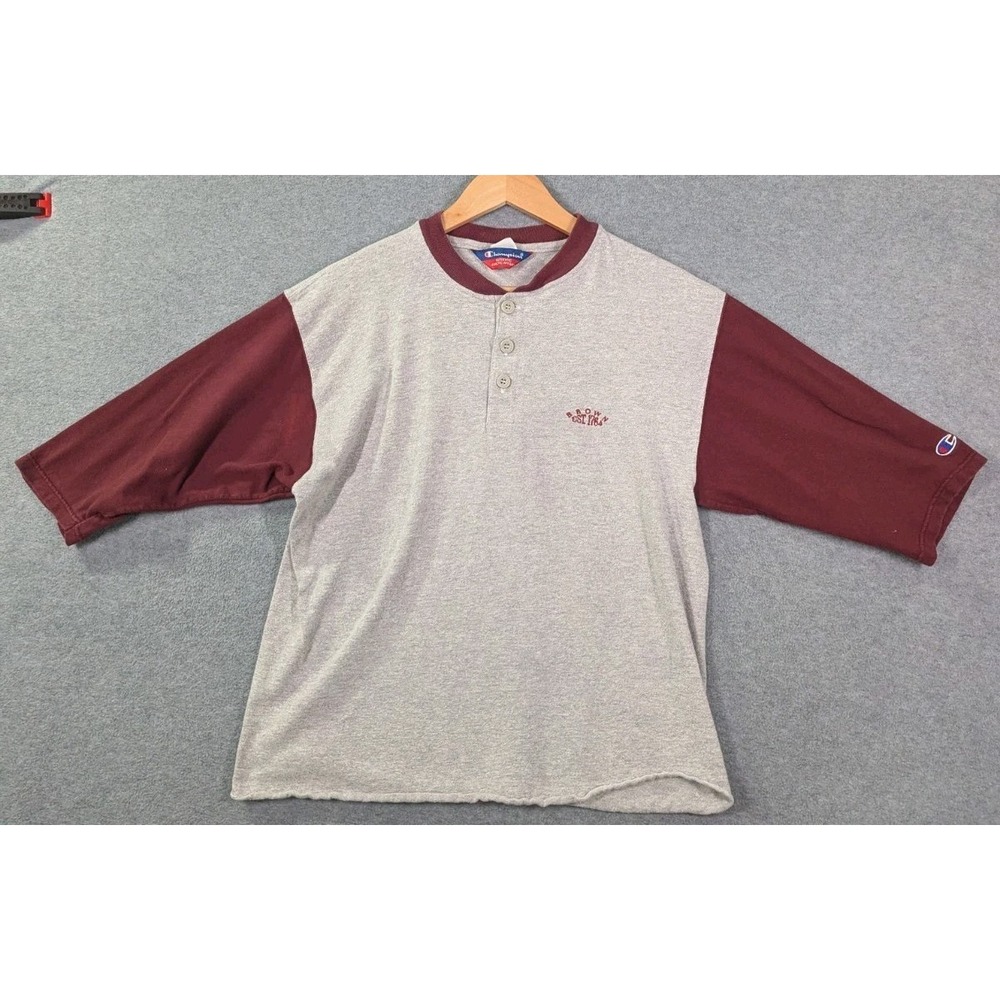 VTG Champion Womens Crop Henley Shirt Estimated Large‎ Gray Burgundy Raw Hem 90s